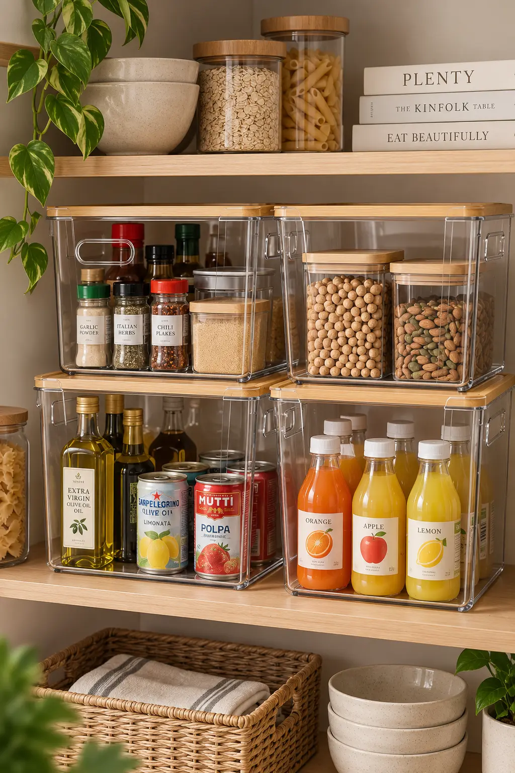 Gravity-fed dry goods dispensers on a pantry shelf holding rice, pasta, and cereal