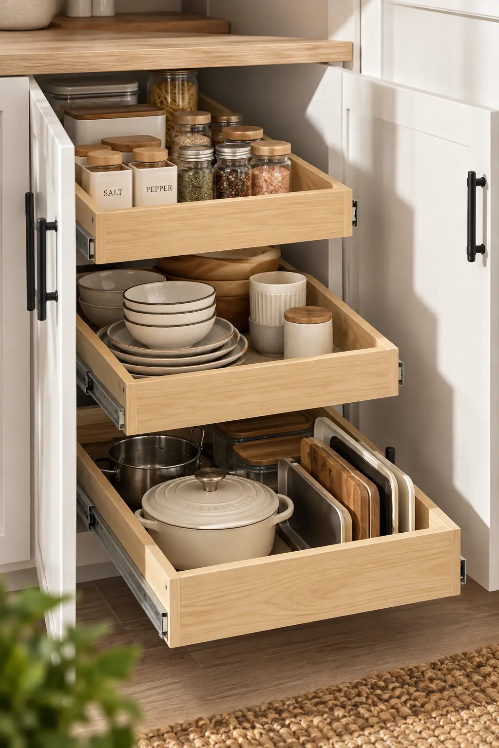 Heavy-duty cabinet organizer holding cast iron cookware and stand mixer attachments