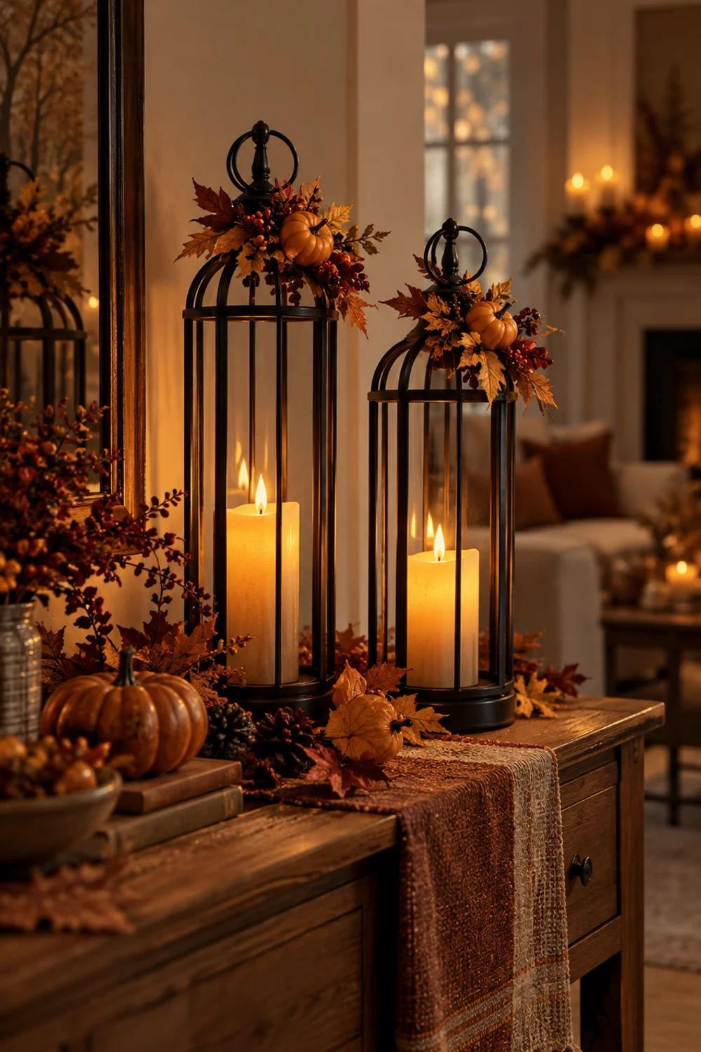 Cluster of glowing lanterns styled with autumn leaves at the corner of a fall dining table