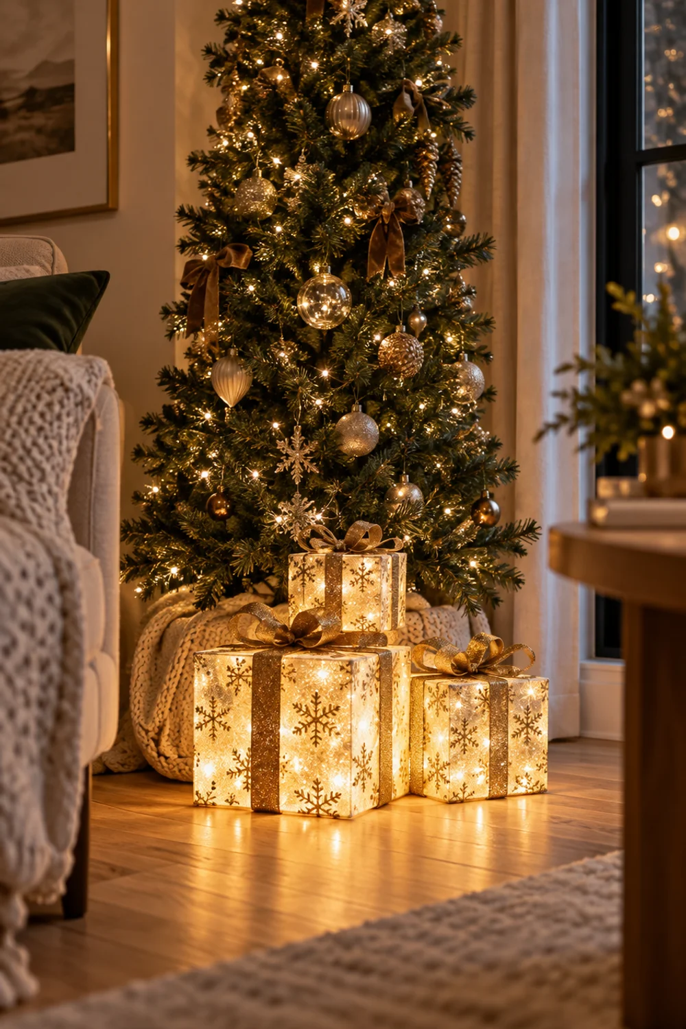 Three lighted gold snowflake gift boxes stacked at the base of a slim Christmas tree instead of a tree skirt
