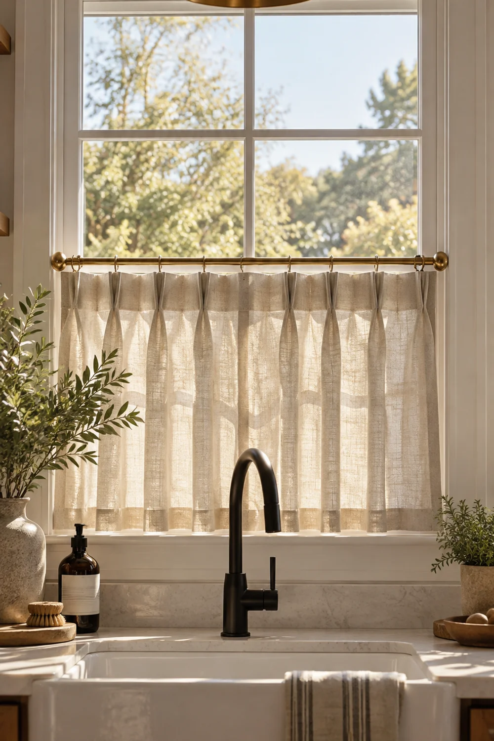 Tailored natural linen pinch pleat cafe curtains covering the lower half of a kitchen window over the sink