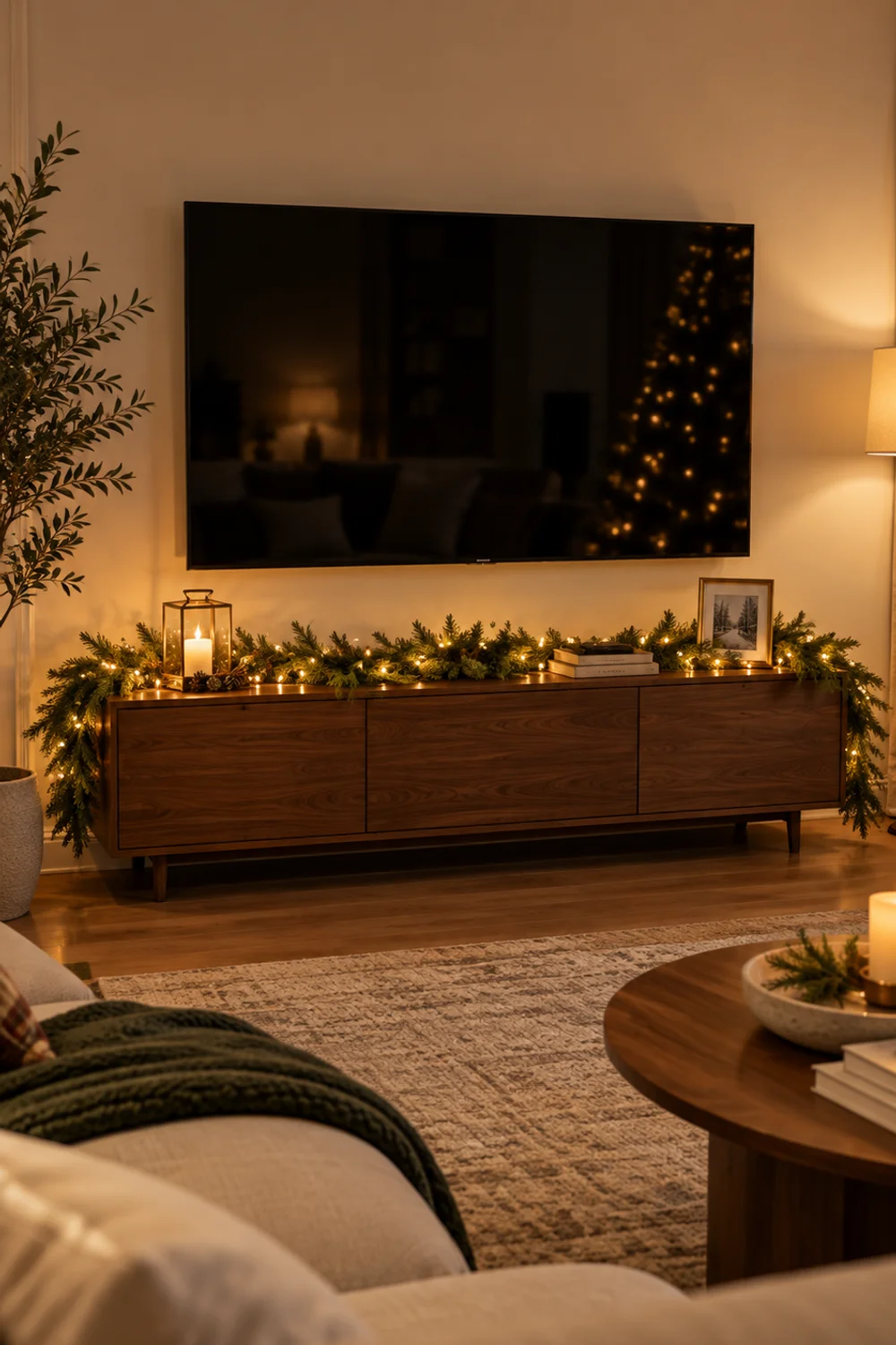 Lit cedar garland with brown twigs draped along a low walnut media console in a small living room without a mantel