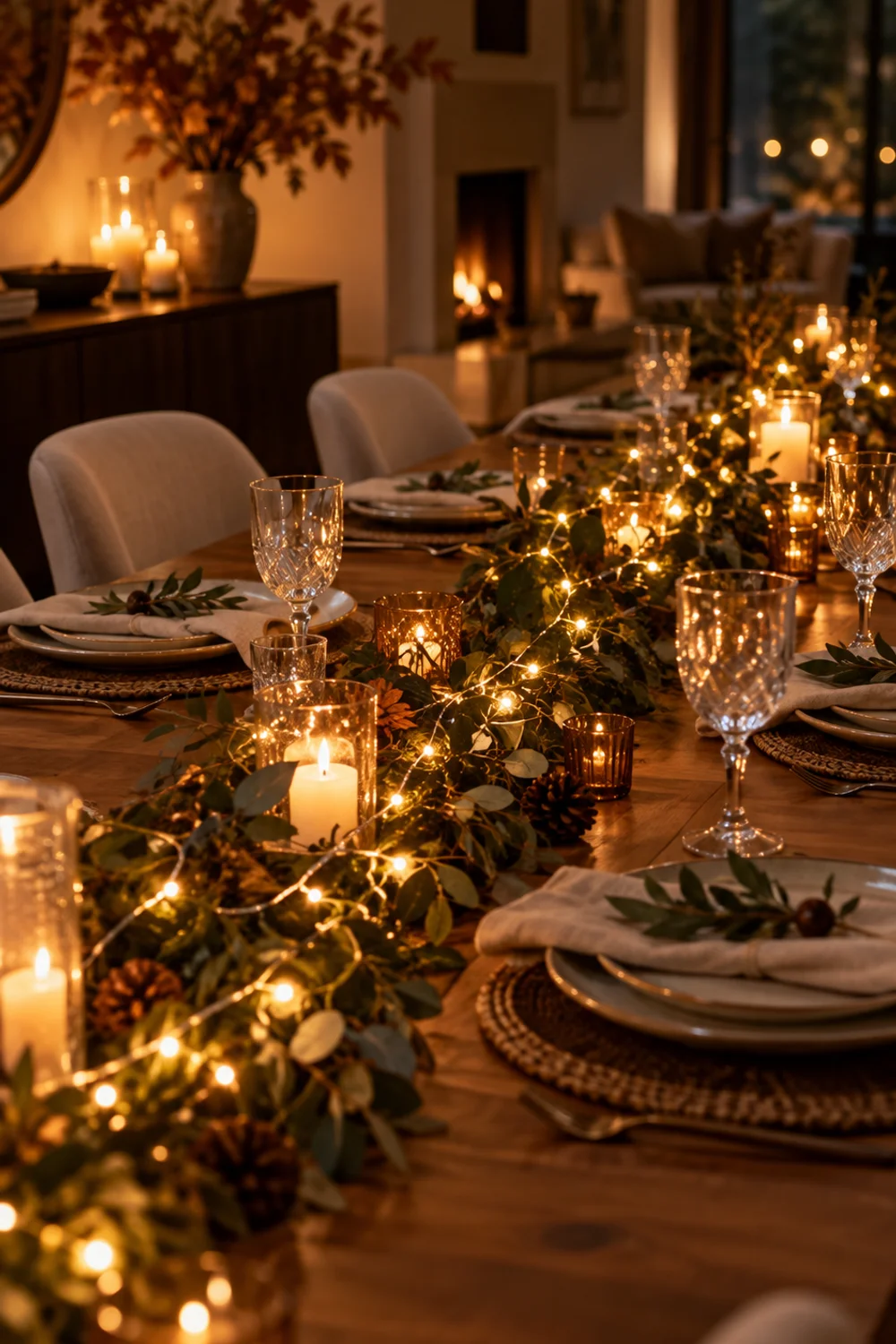 Lit garland runner draped along the length of a Thanksgiving dining table as a glowing finishing touch