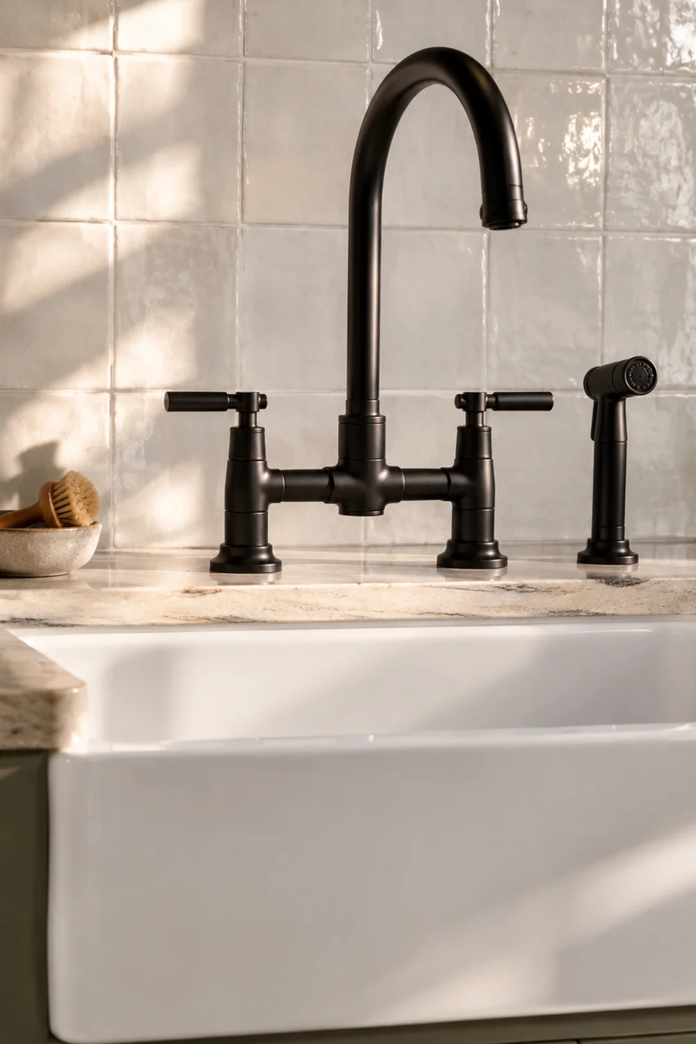 Matte black two-handle bridge kitchen faucet with side sprayer over a white sink and handmade-look tile backsplash