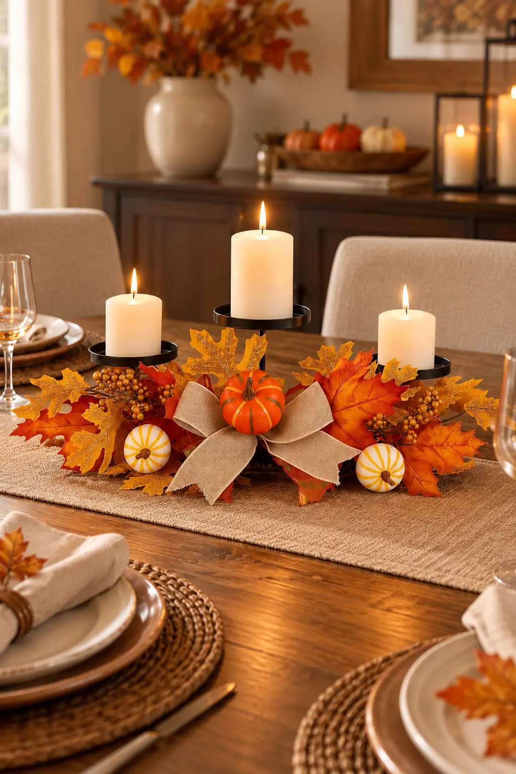 Simple candle holder styled as a quiet supporting accent on a fall Thanksgiving table