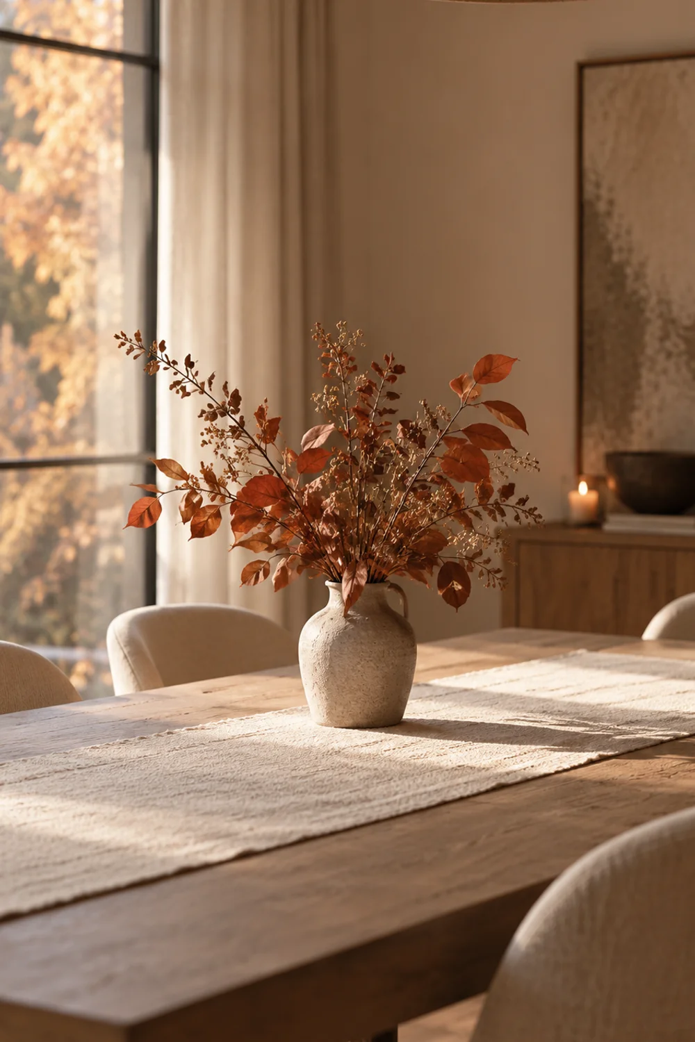 Modern minimalist fall centerpiece accent styled with negative space on a neutral dining table