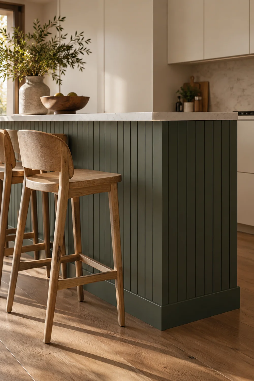 Kitchen island back panel clad in painted olive green beadboard beside flat-front modern cabinetry