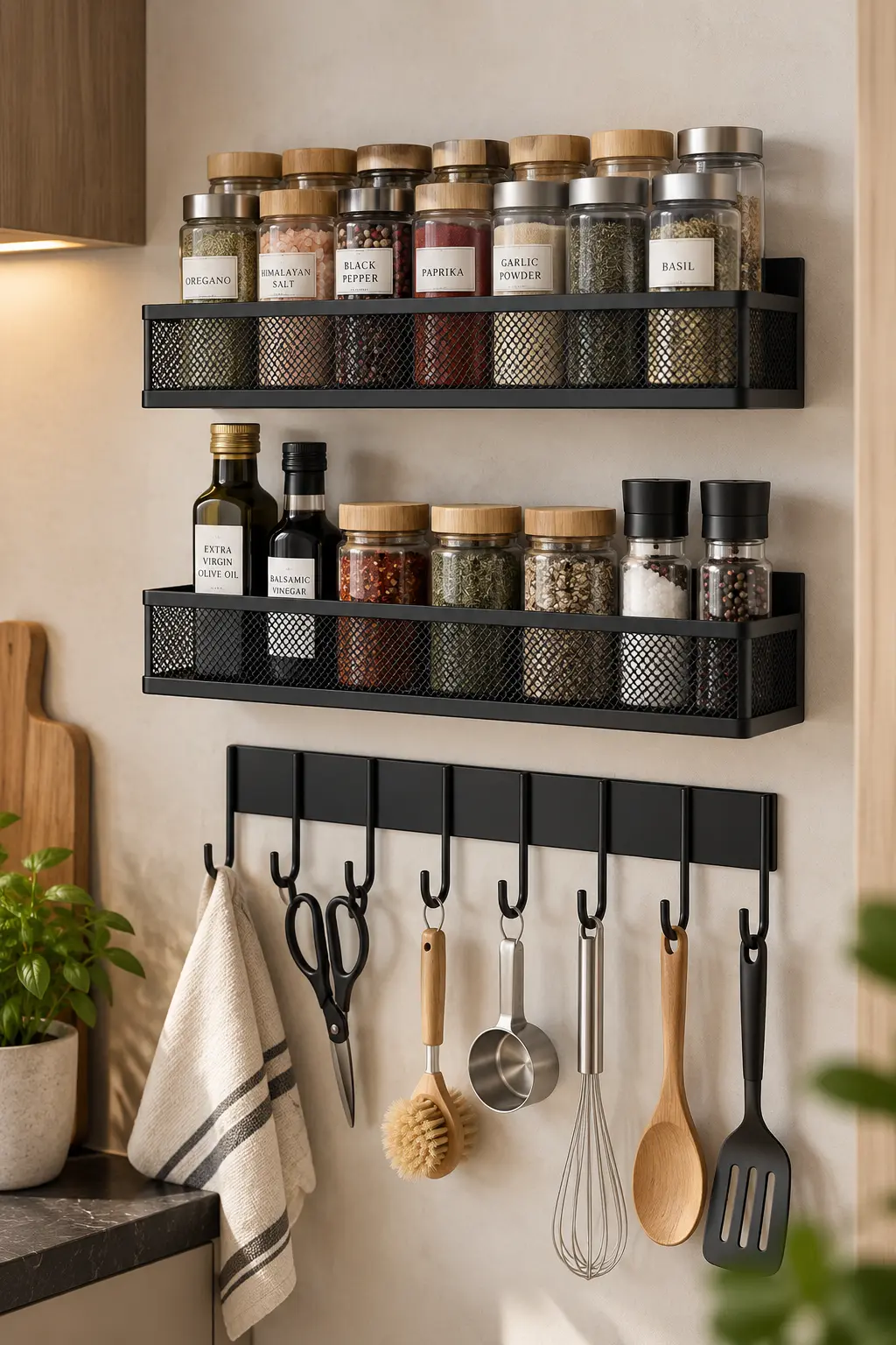 Magnetic organizer rack mounted on the blank side of a refrigerator holding oils and seasonings