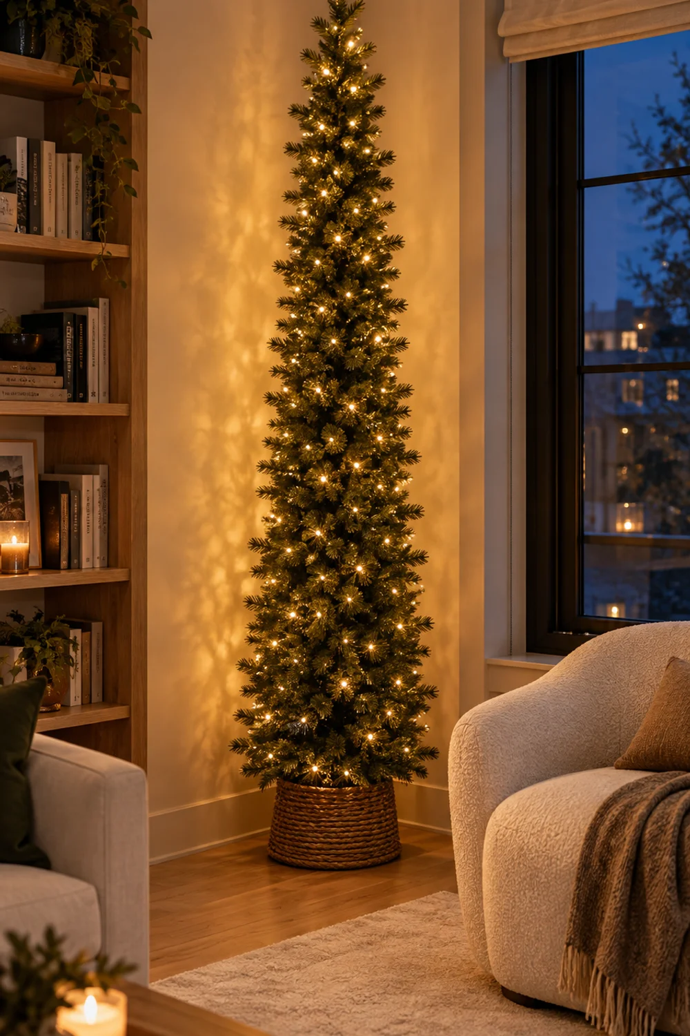 Slim pre-lit pencil Christmas tree in the corner of a small modern living room leaving a clear walkway beside the sofa