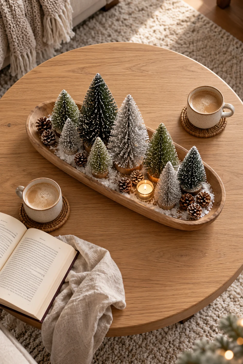 Top-down view of a coffee table with a wooden tray of snowy bottle brush mini Christmas trees in green and silver