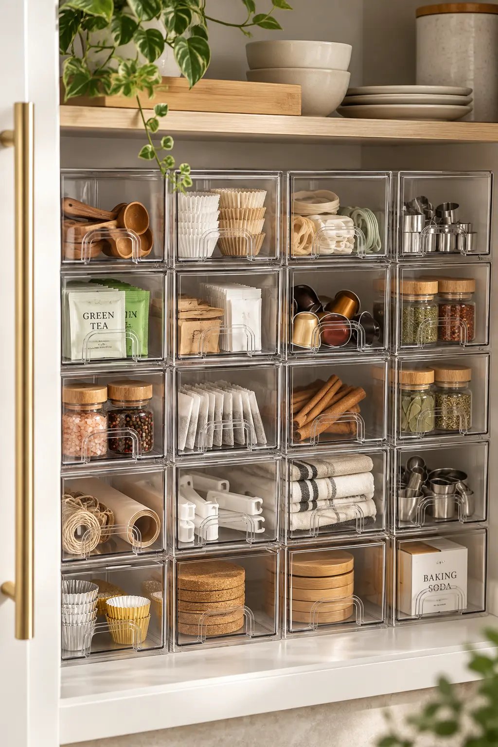 Open kitchen cabinet shelf with stacked clear organizer bins doubling storage capacity