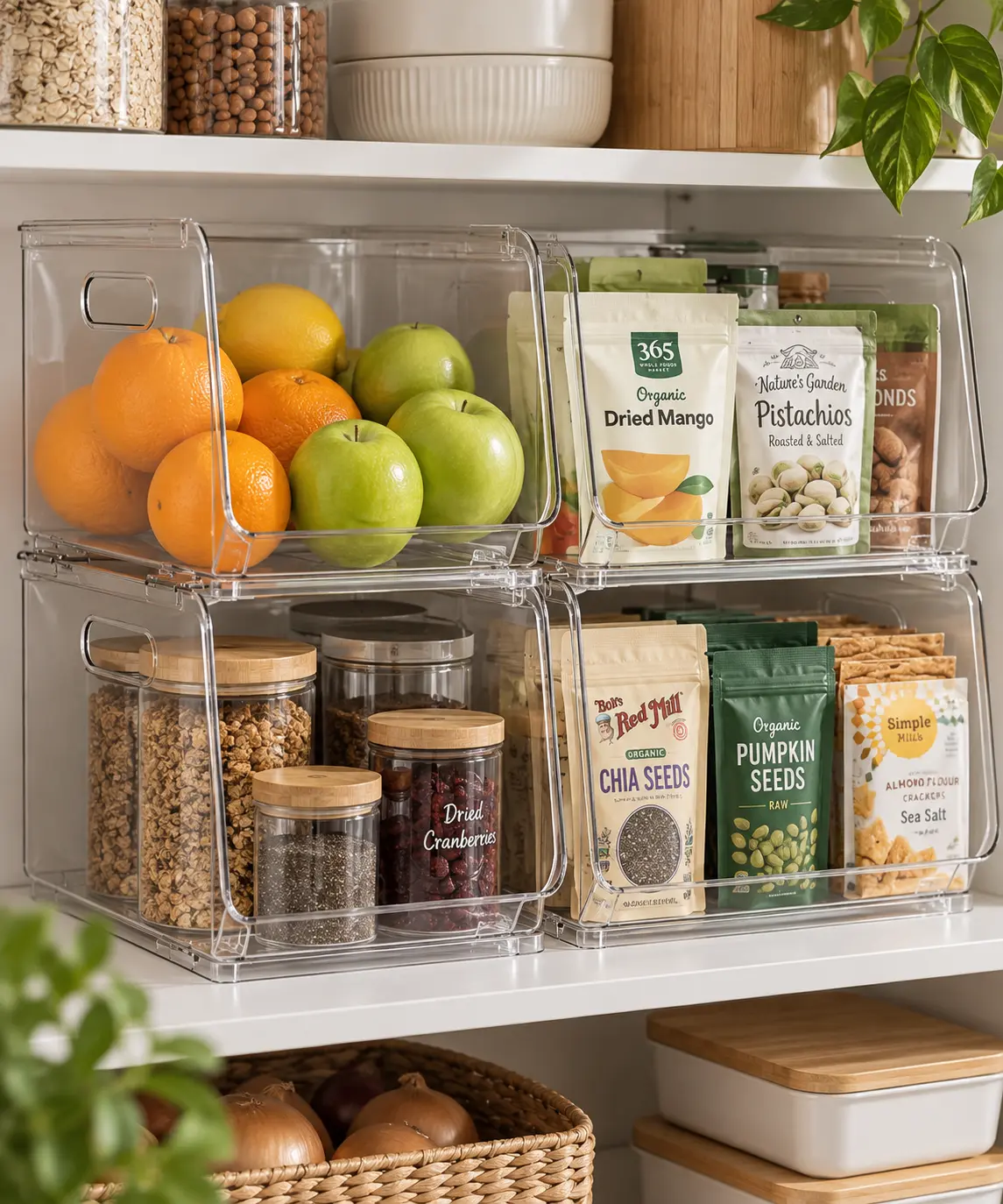 Wall of stackable matching pantry canisters creating a full pantry system without a dedicated pantry room