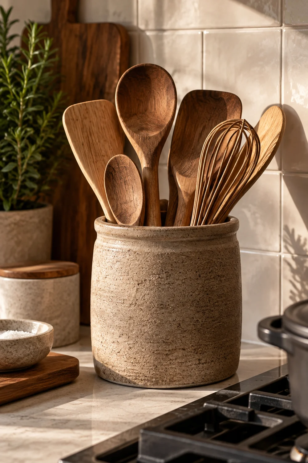Taupe textured ceramic utensil crock filled with wooden spoons and spatulas beside a modern range
