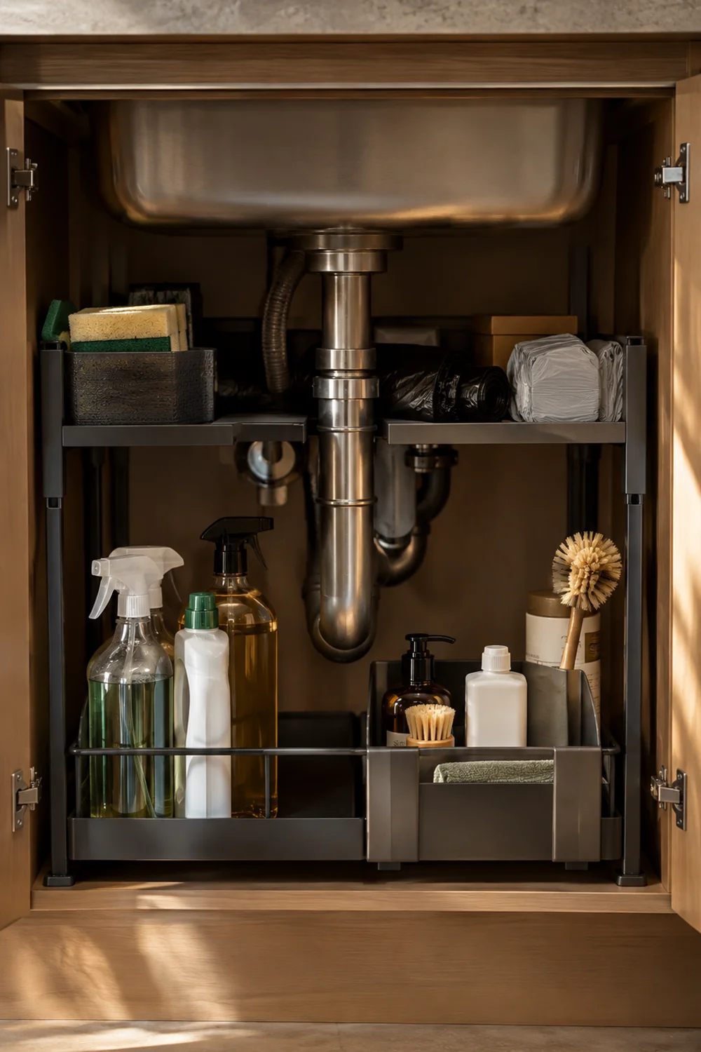 Under-sink cabinet organizer arranged around plumbing pipes with cleaning supplies sorted by zone