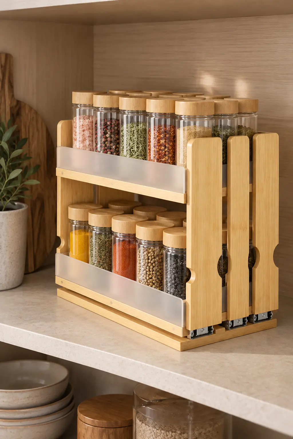 Slim vertical spice rack mounted in a narrow gap beside the stove in a tiny kitchen