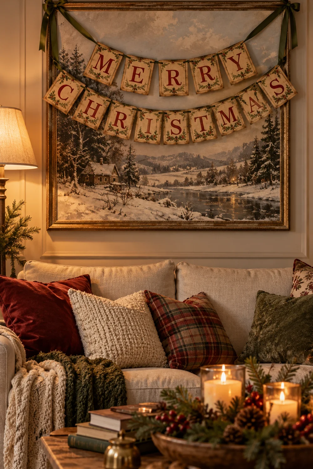 Vintage distressed Merry Christmas letter banner on green satin ribbon swagged in two rows over framed art above a sofa