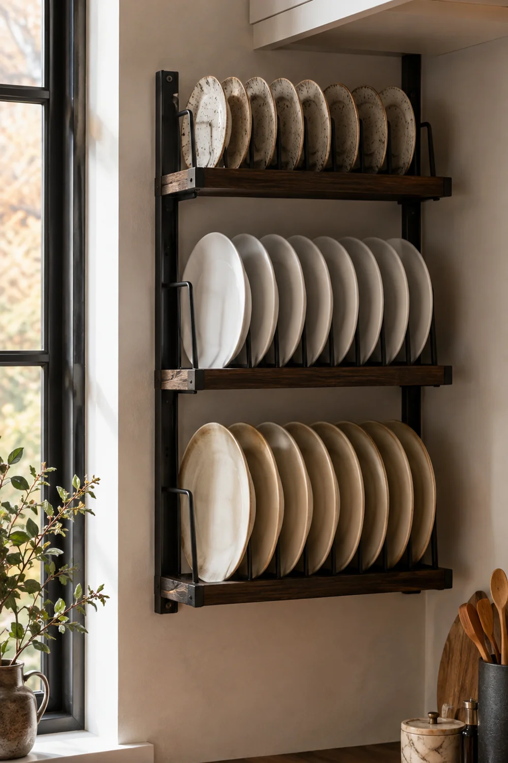 Three-tier wall-mounted plate rack in matte black metal and dark wood holding cream and white stoneware plates