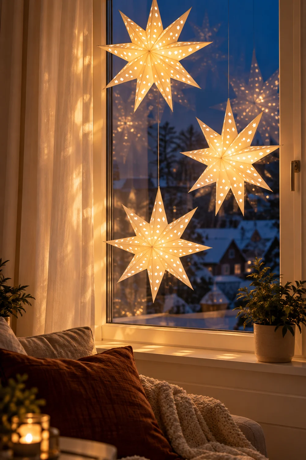 Three white paper star lanterns glowing at staggered heights in a living room window at blue hour