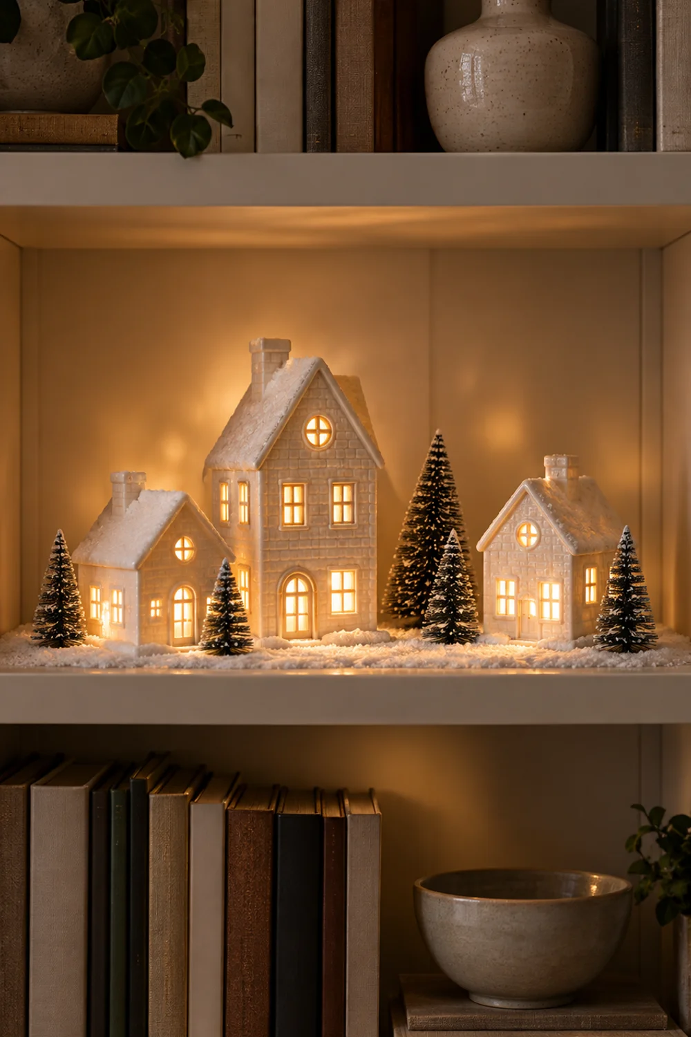 Three glowing white porcelain Christmas village houses on a single bookshelf ledge surrounded by books
