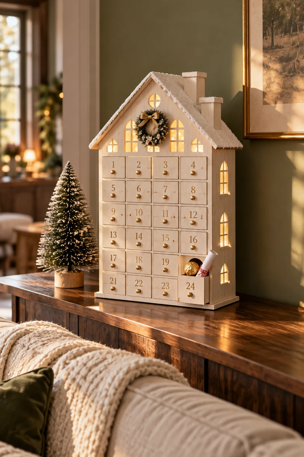 White wooden house advent calendar with 24 lit drawers on a narrow console table behind a sofa