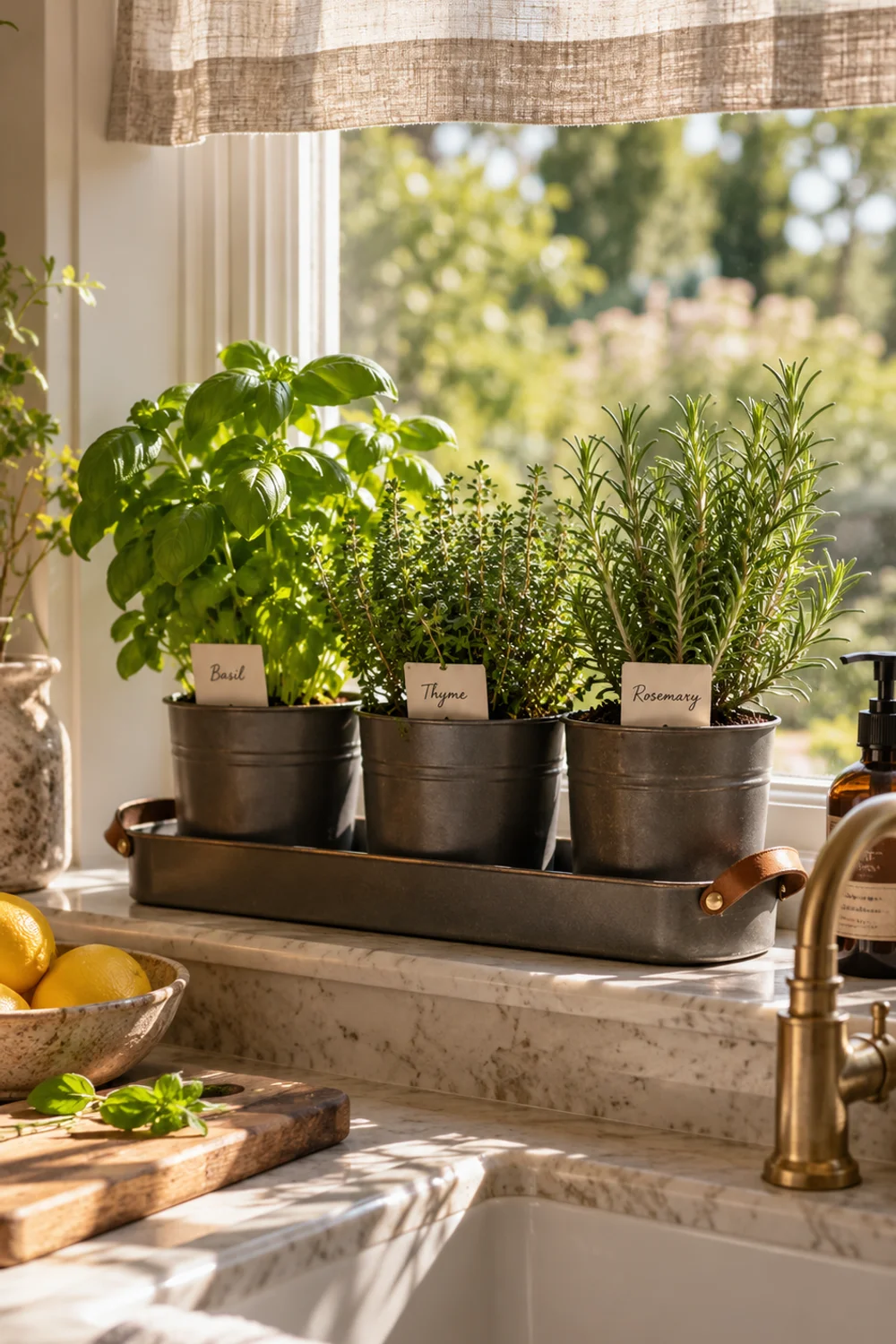 Three charcoal grey steel herb pots with basil, thyme and rosemary on a tray with leather handle on a kitchen windowsill