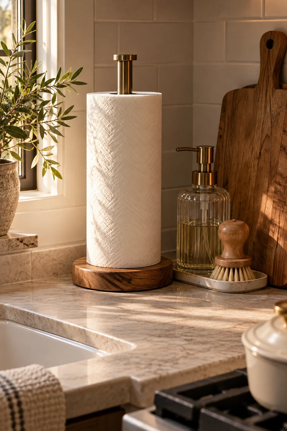 Wooden-base paper towel holder with metal rod beside a wood dish brush and glass soap bottle on a kitchen counter