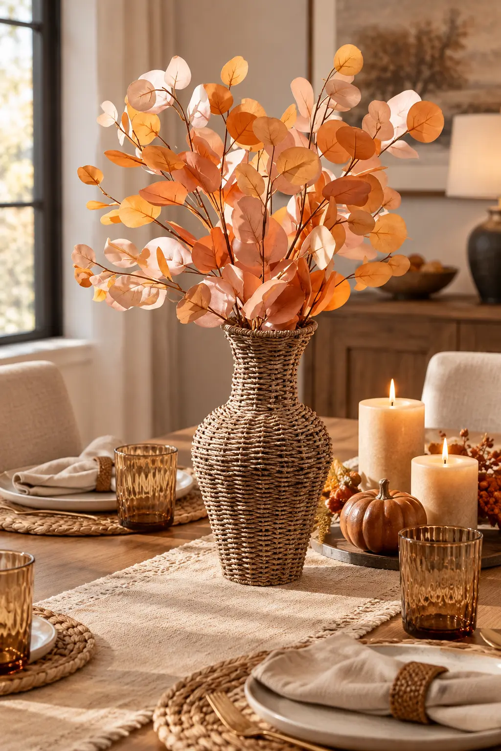 Woven rattan pumpkin-shaped centerpiece with warm embedded light casting soft shadows on a fall table