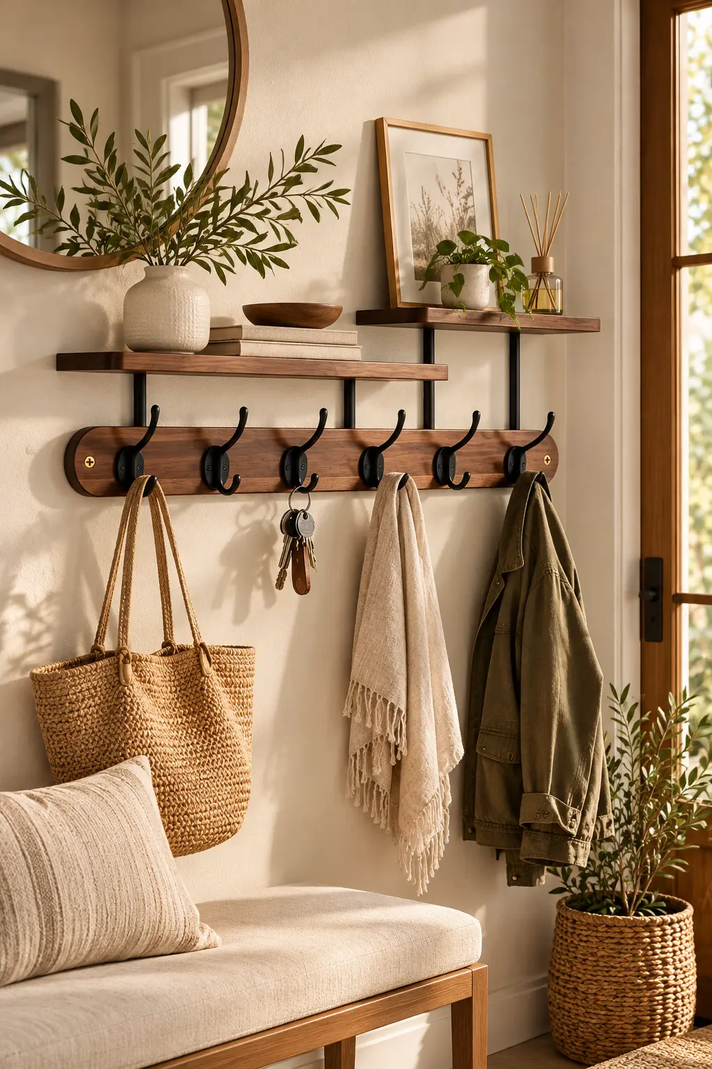 Dark wood wall mounted coat rack with a two-tier shelf holding bike helmets, paired gloves and beanies above dual hooks with shell jackets