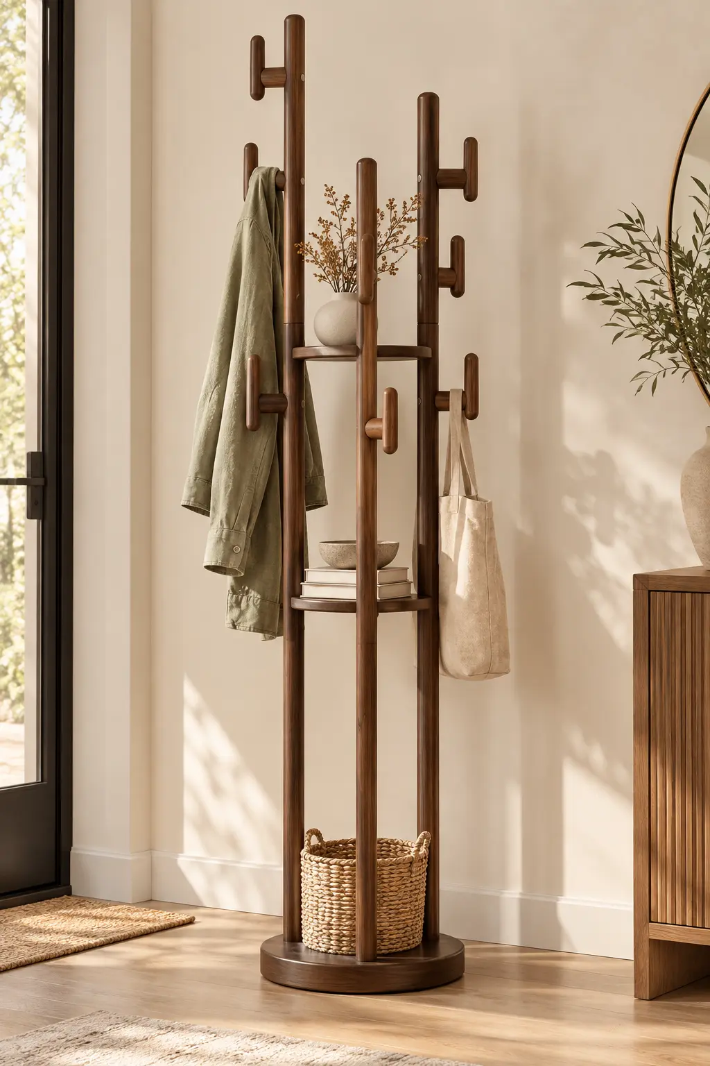 Solid wood rotating coat rack with shelves holding a dog leash and rain jackets in a cottage entry corner beside an open front door