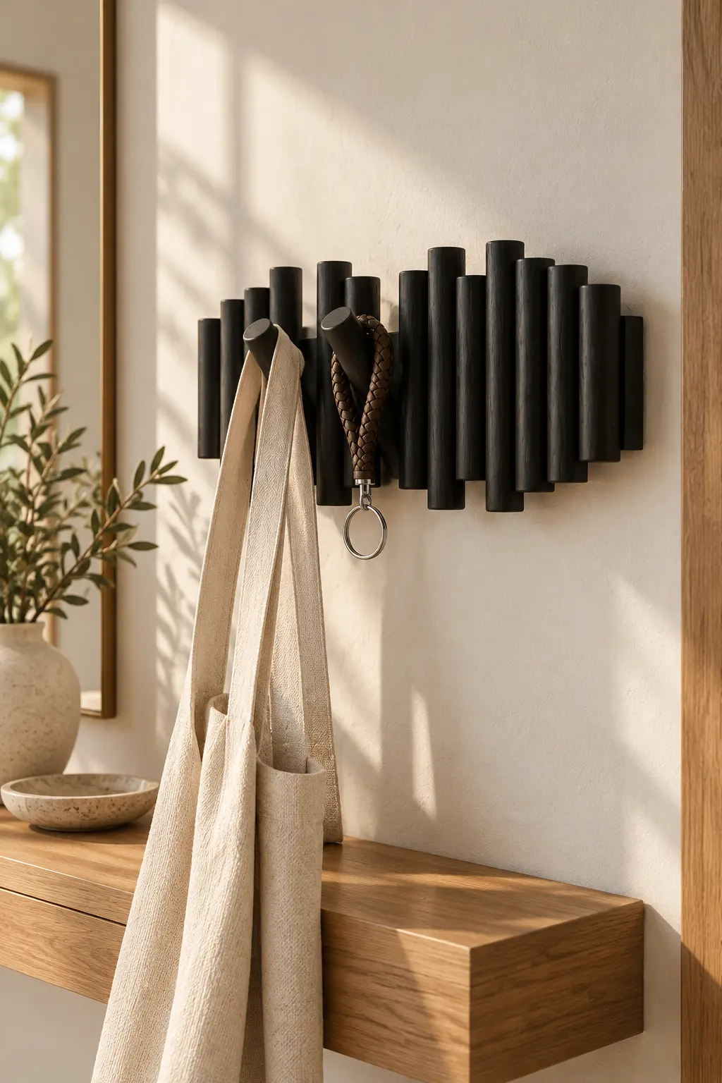 Black wall rail with retractable wood pegs, two folded down holding jackets and three folded flush, in a long narrow apartment hallway