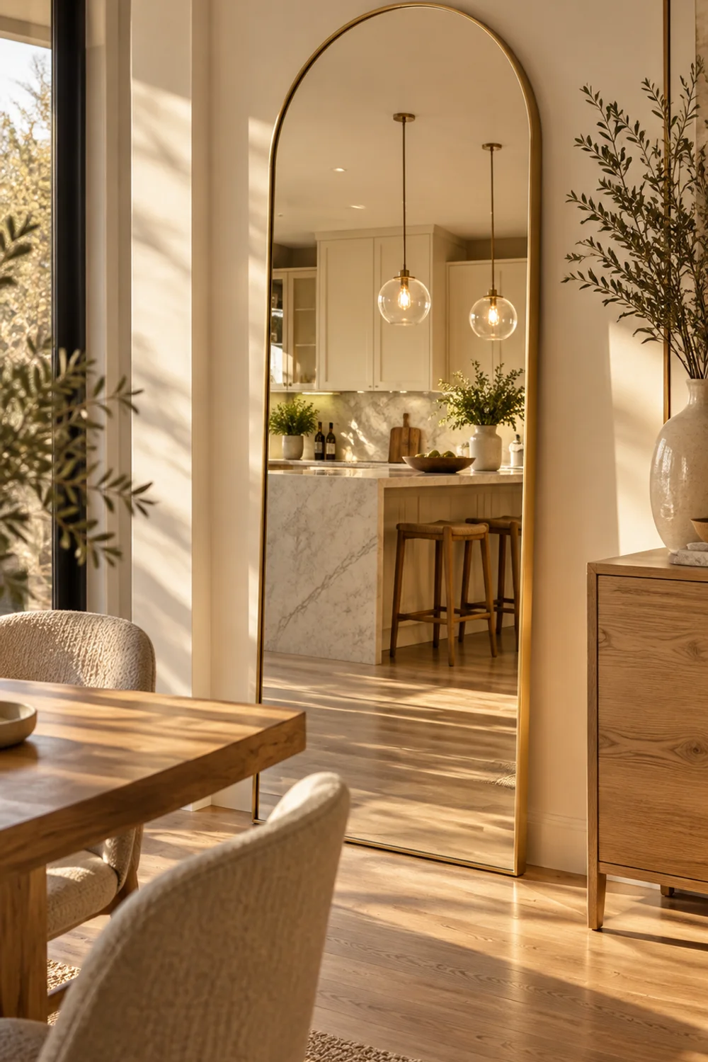 Tall arched gold floor mirror on a dining wall reflecting a bright white open kitchen and island
