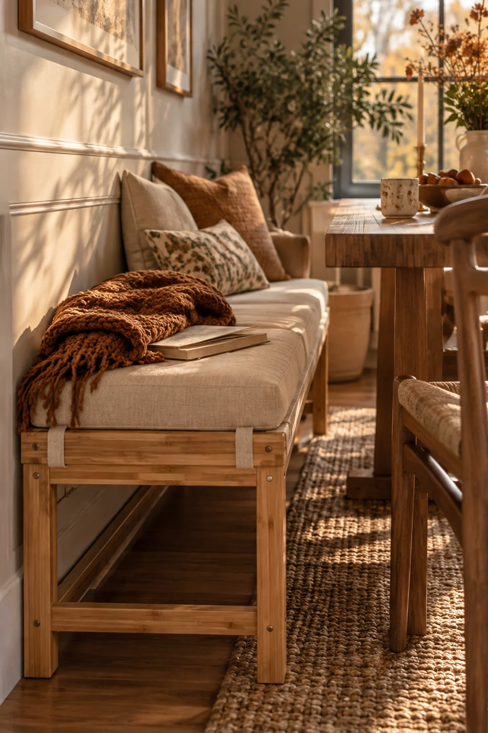 Freestanding natural bamboo bench with beige memory foam cushion against a kitchen wall creating a banquette-style breakfast nook