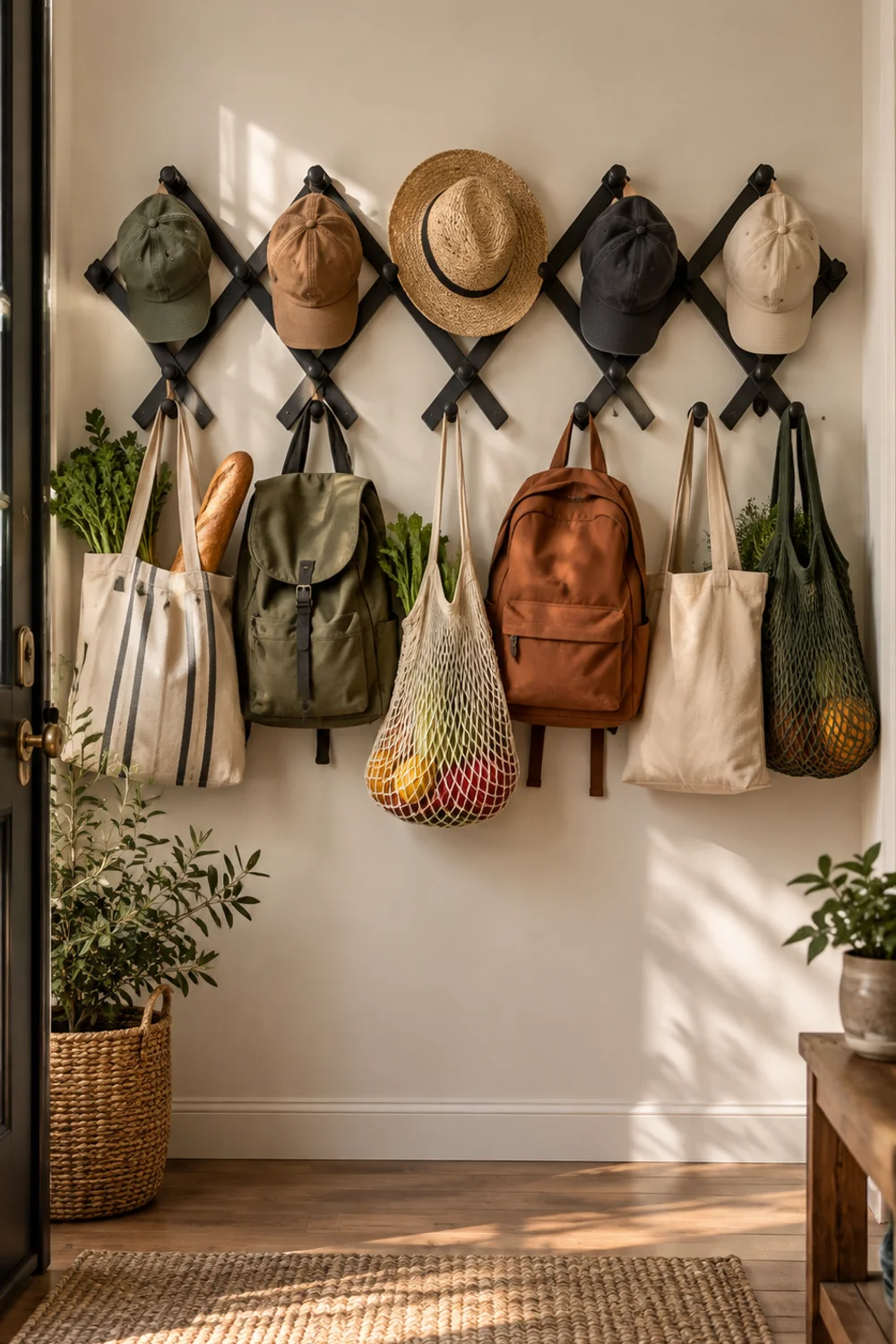 Black expandable accordion wooden coat rack holding caps on top and canvas totes and market bags below on a light entryway wall