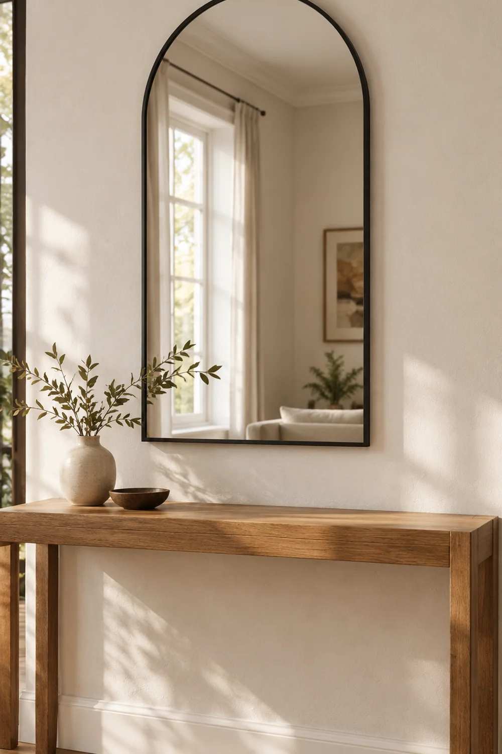 Tall arched wall mirror with a slim black metal frame hung six to eight inches above a narrow oak console table in a bright entry