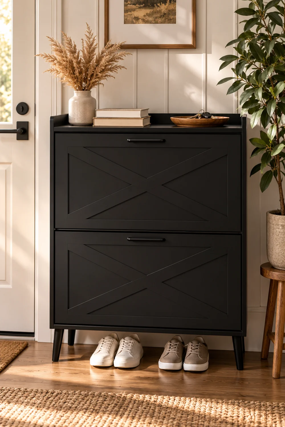 Slim black two-drawer flip-front shoe cabinet with X-brace barn door fronts on tapered legs used as a landing surface under a window in an entryway