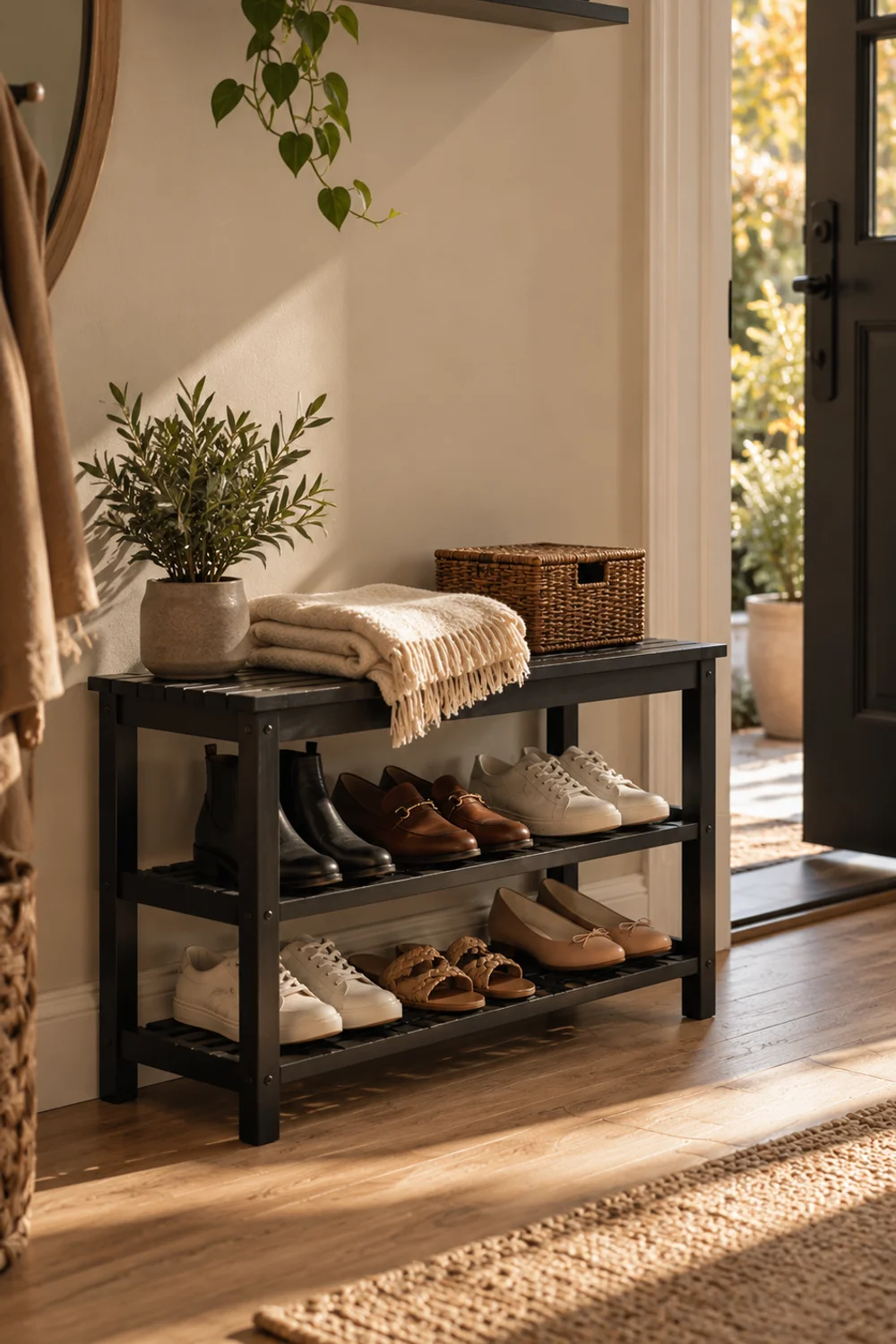 Low black slatted bamboo bench with two open shoe shelves holding six pairs of shoes and a folded wool throw in a narrow entryway