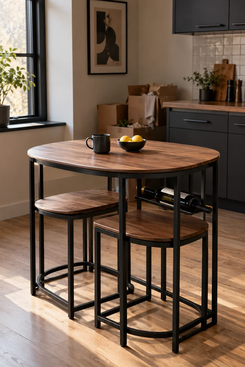 Black three-piece breakfast nook dining set with oval wood-grain tabletop and built-in wine rack in a first apartment kitchen
