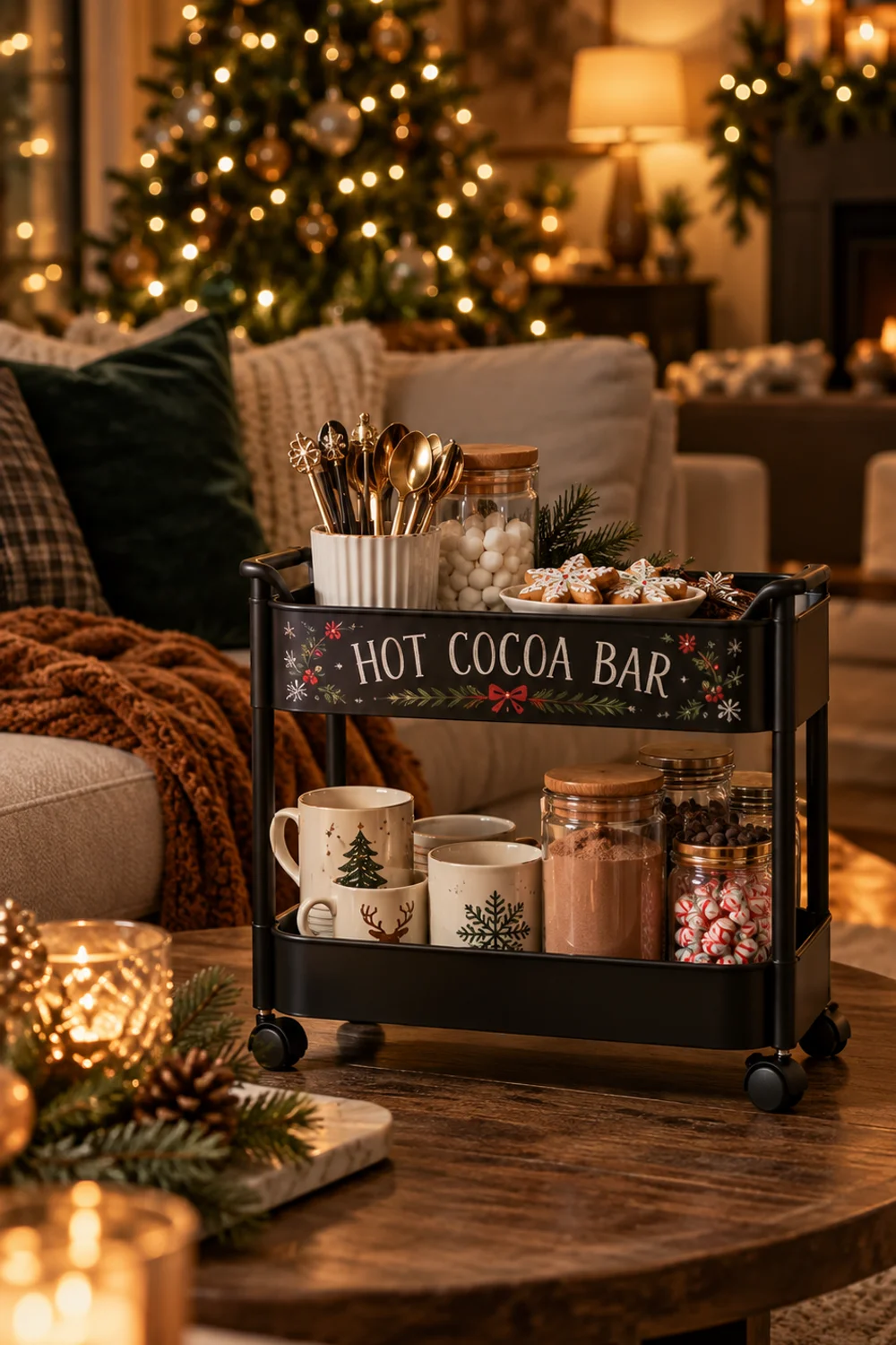 Compact black two-tier rolling cart with hot cocoa bar print holding mugs and jars in a living room near a small Christmas tree