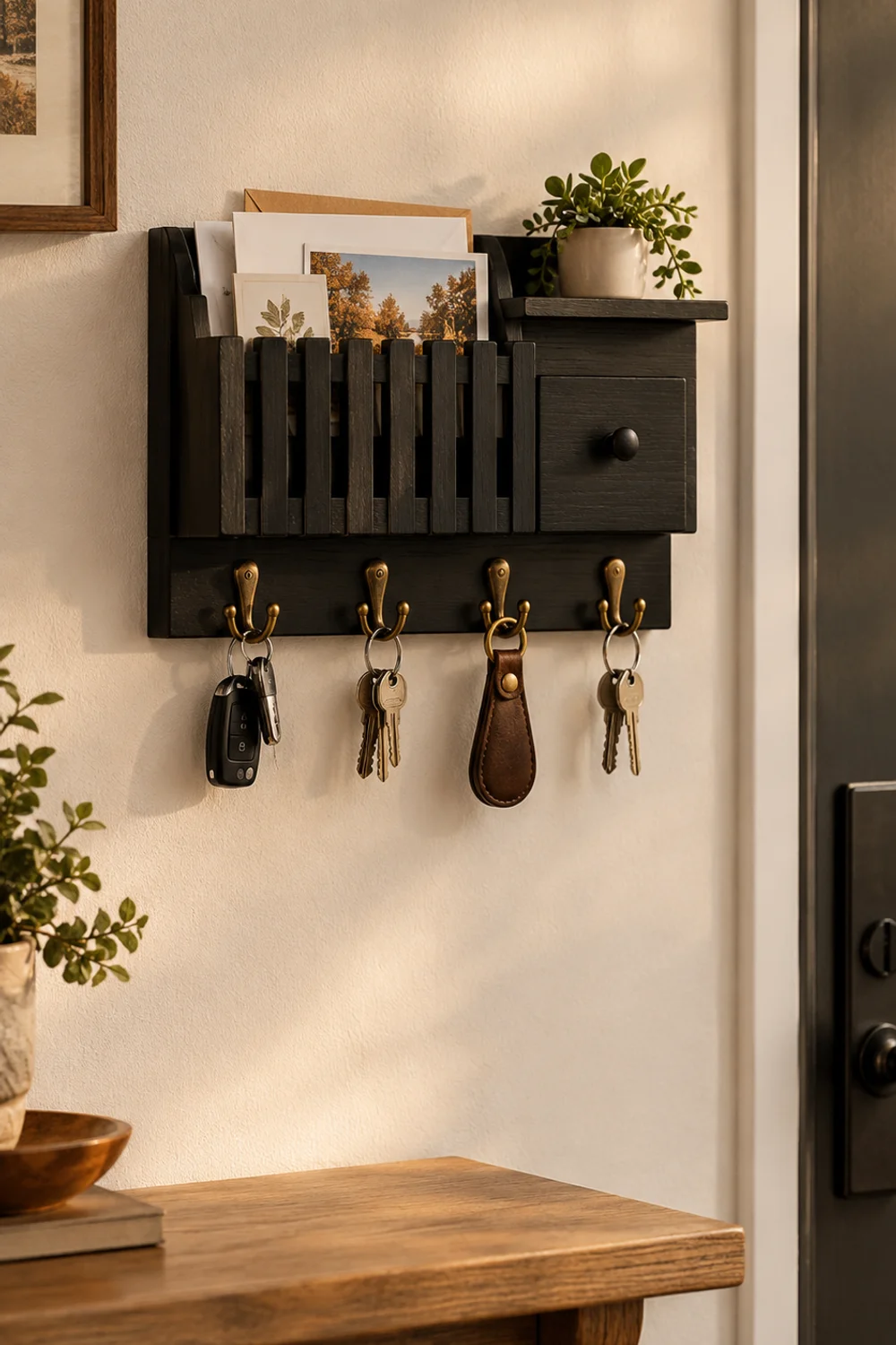 Black wooden wall-mounted key and mail organizer with antique brass double hooks, a slatted mail pocket and a small drawer beside an entryway door