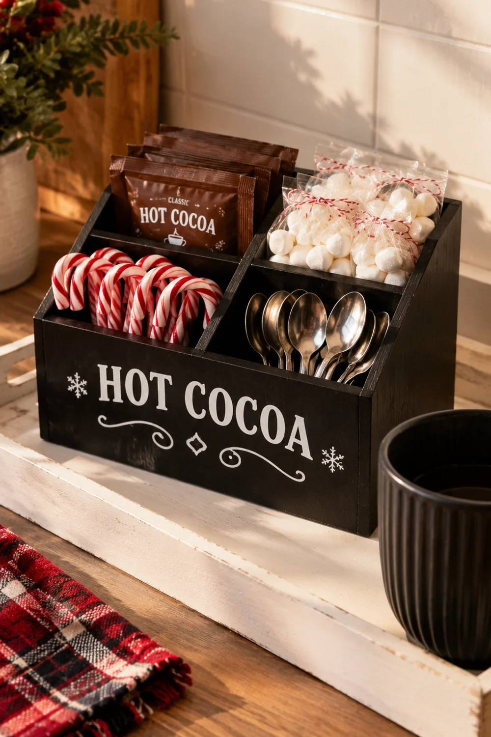 Black wooden four-compartment hot cocoa organizer holding cocoa packets, marshmallows and candy canes on a counter