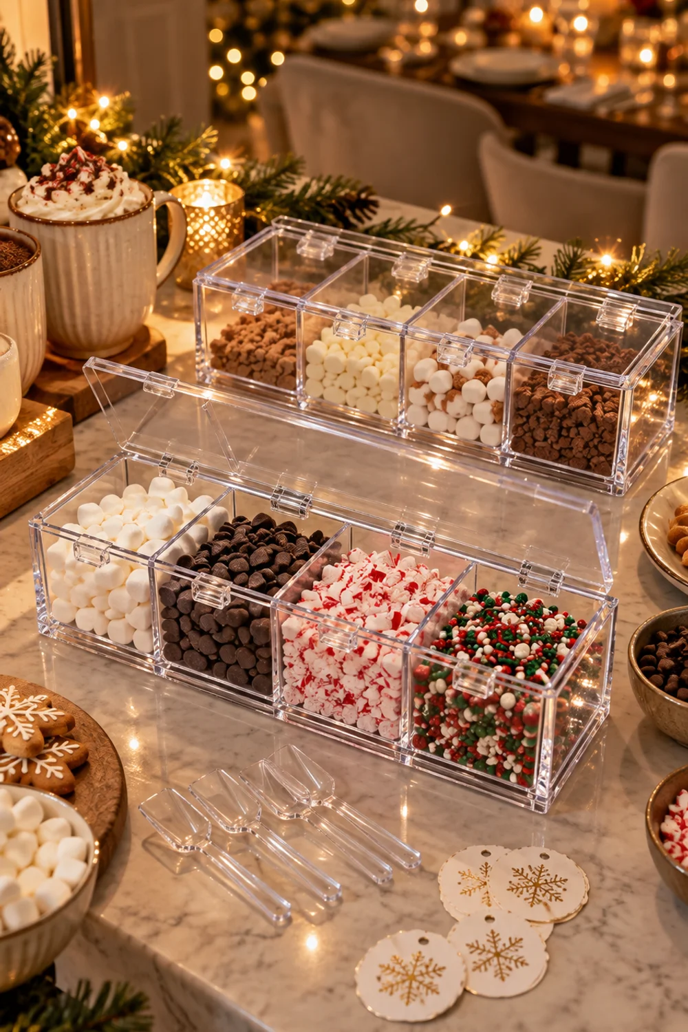 Two clear acrylic four-cell topping organizers with hinged lids and scoops on a party counter