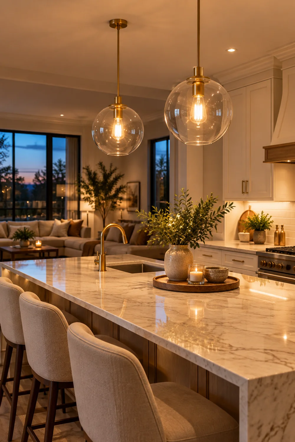 Two clear glass globe pendant lights with gold fittings over a kitchen island keeping the open plan view clear