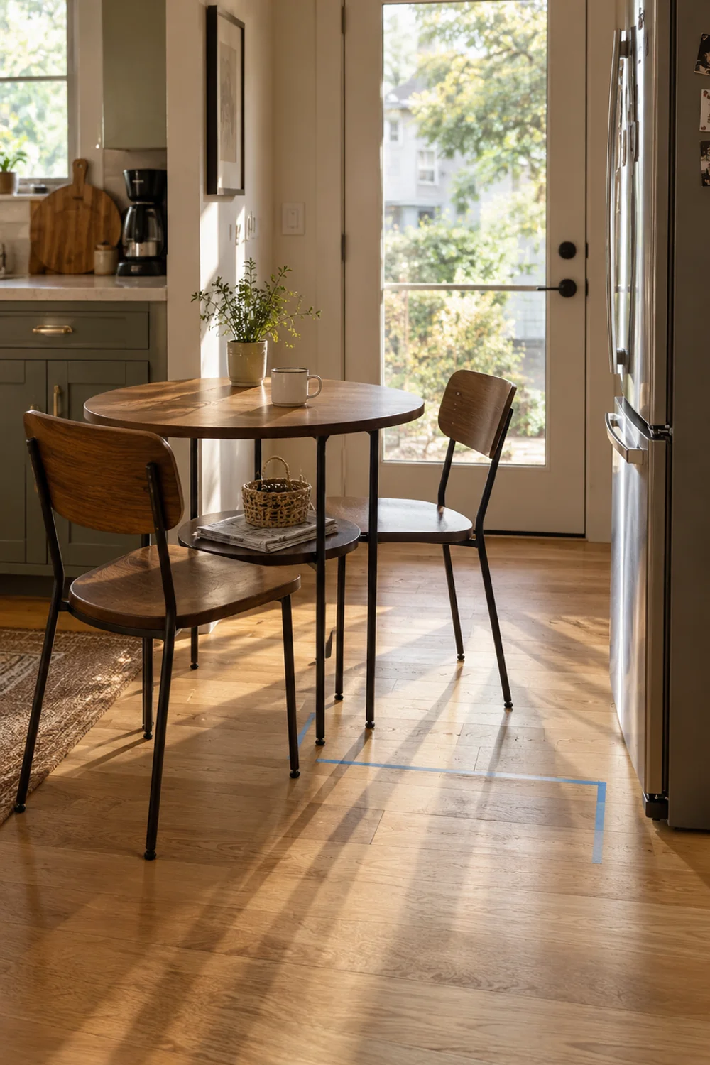 Compact round kitchen table with lower storage shelf in a small rental kitchen corner beside the back door, with a clear walkway around it