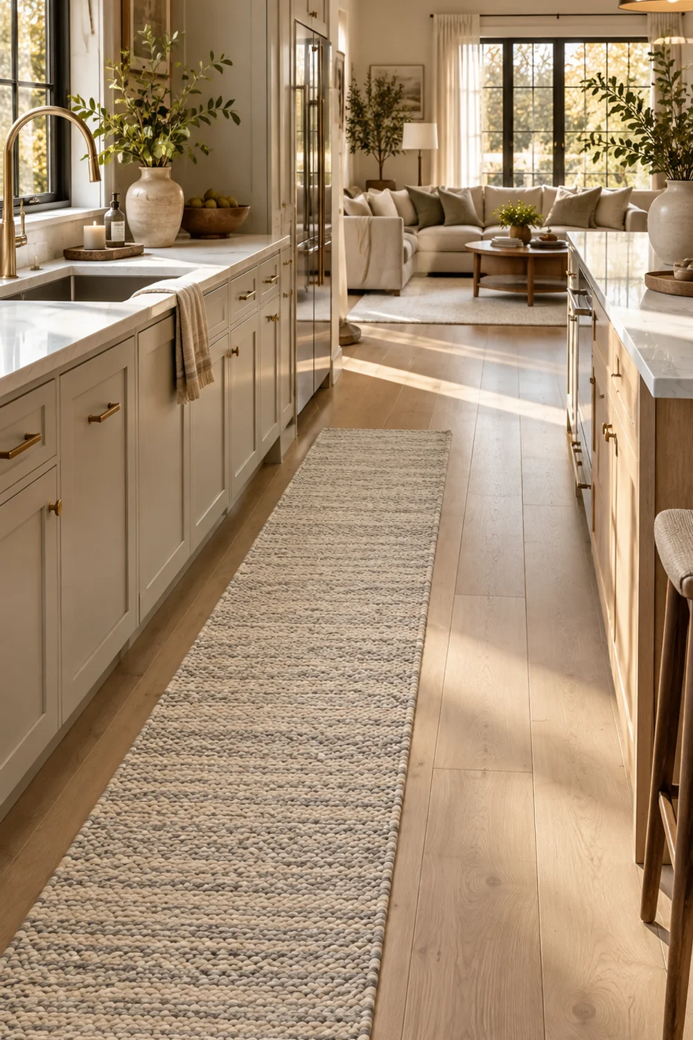 Long cream and gray braided runner rug along a white kitchen leading the eye into an open plan living room