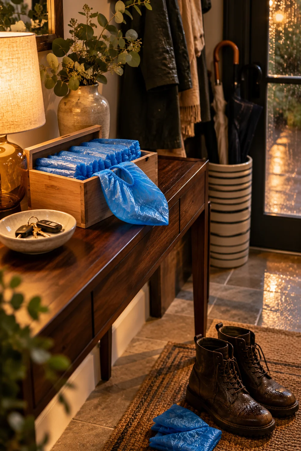 Small wooden box of disposable non-slip shoe covers on an entryway console for guests arriving on a rainy evening