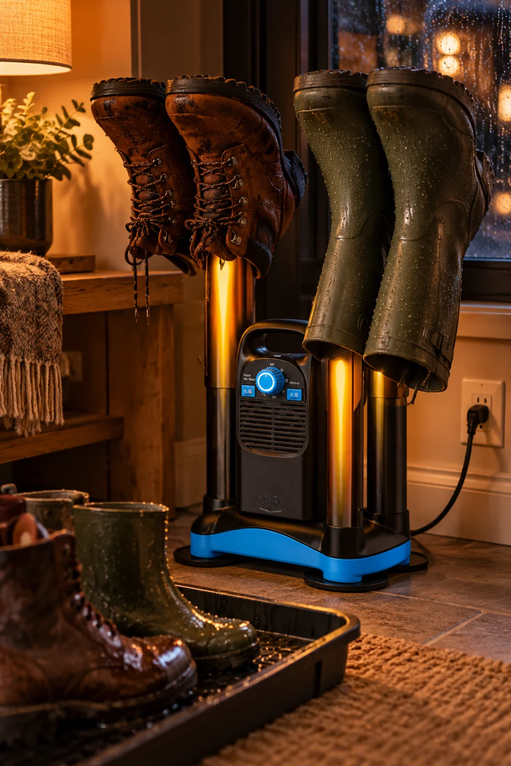 Two pairs of wet work boots and rain boots drying upside down on an electric boot dryer beside an entryway boot tray at night