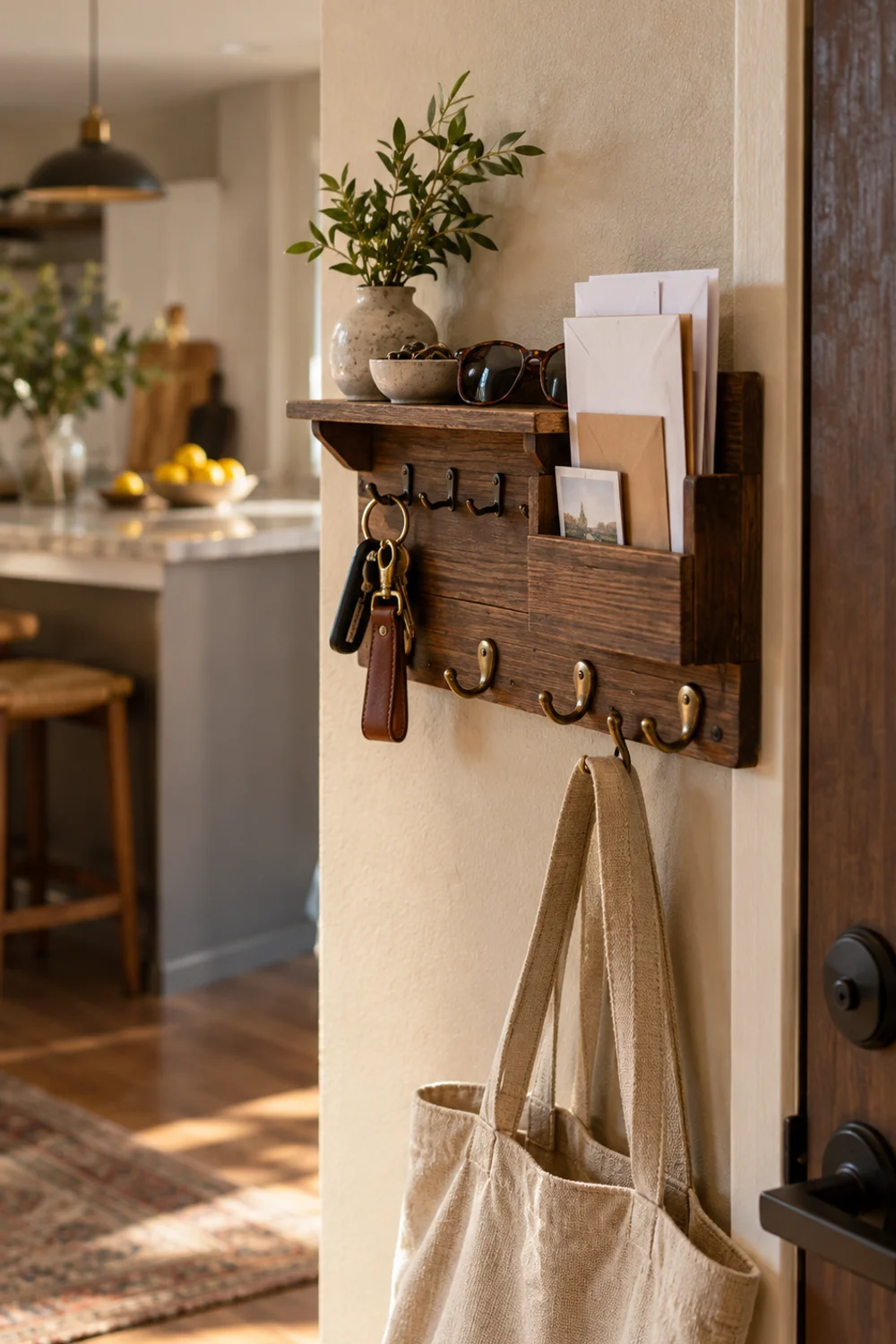 Wall mounted mail organizer with key hooks and small shelf beside a front door, with a canvas tote hanging on a hook below