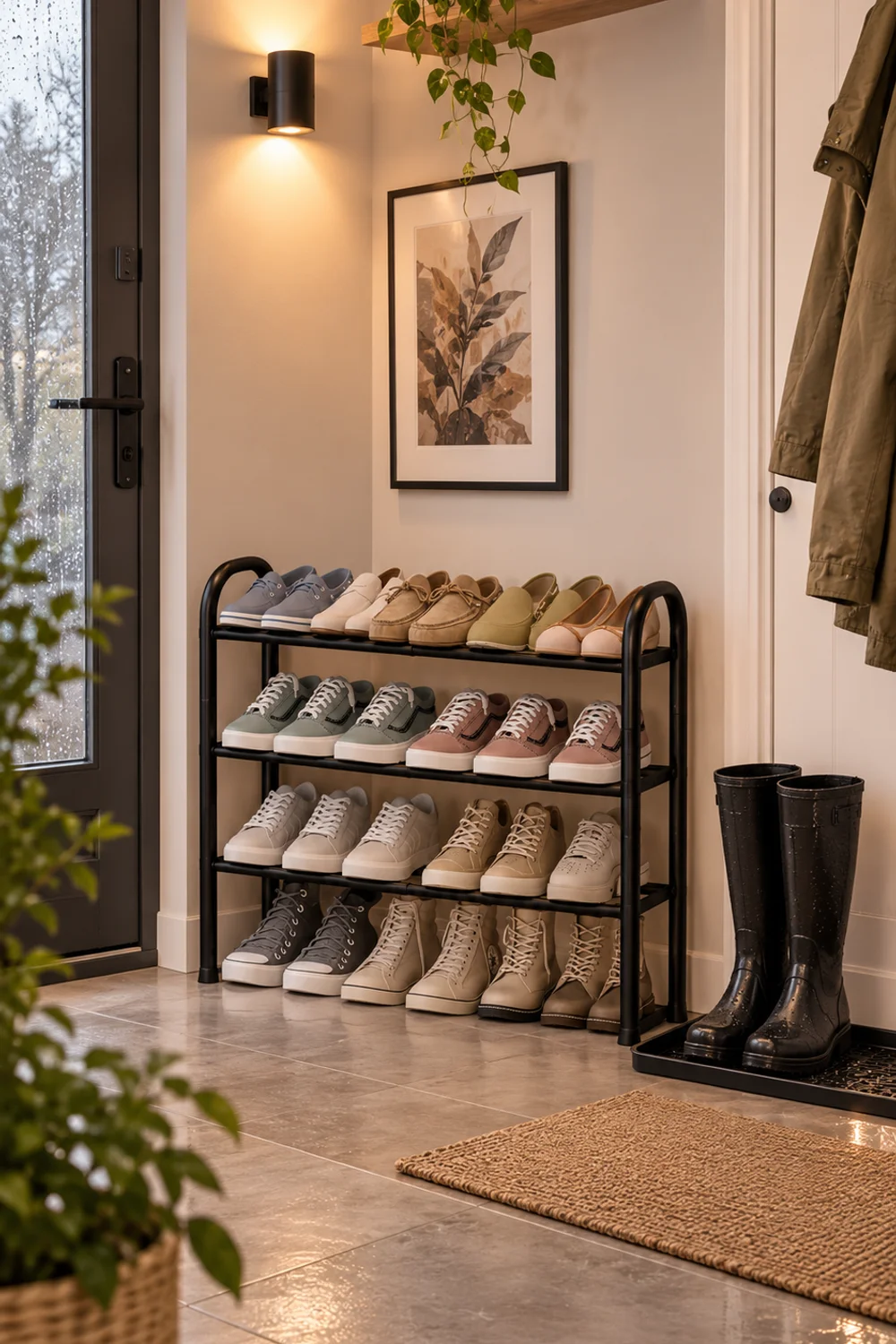 Wide view of a small rental entryway with a black three-tier expandable shoe rack holding dry shoes, separated from a boot tray with wet boots