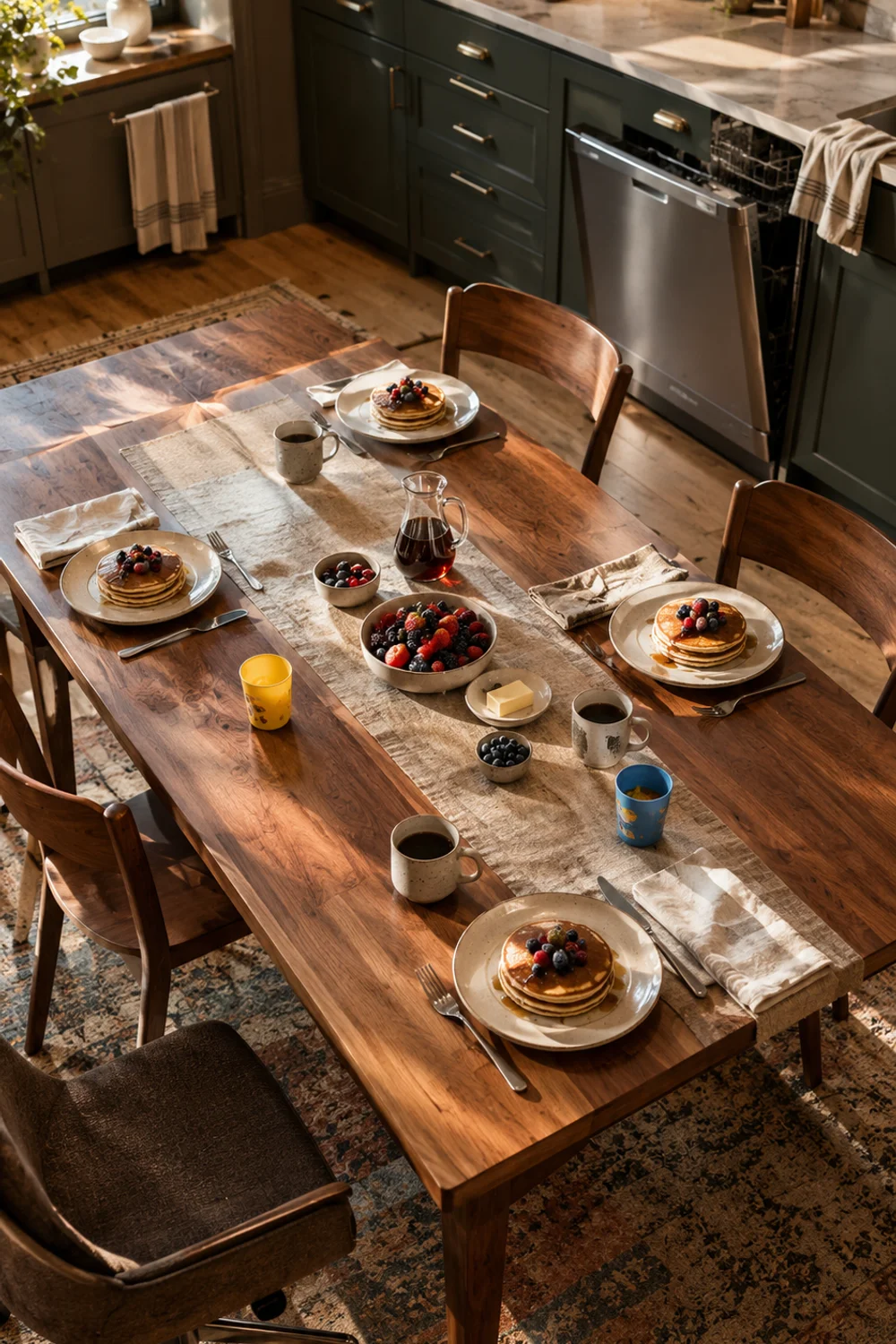 Overhead view of an expandable walnut kitchen table fully extended for weekend brunch for four in a small condo kitchen