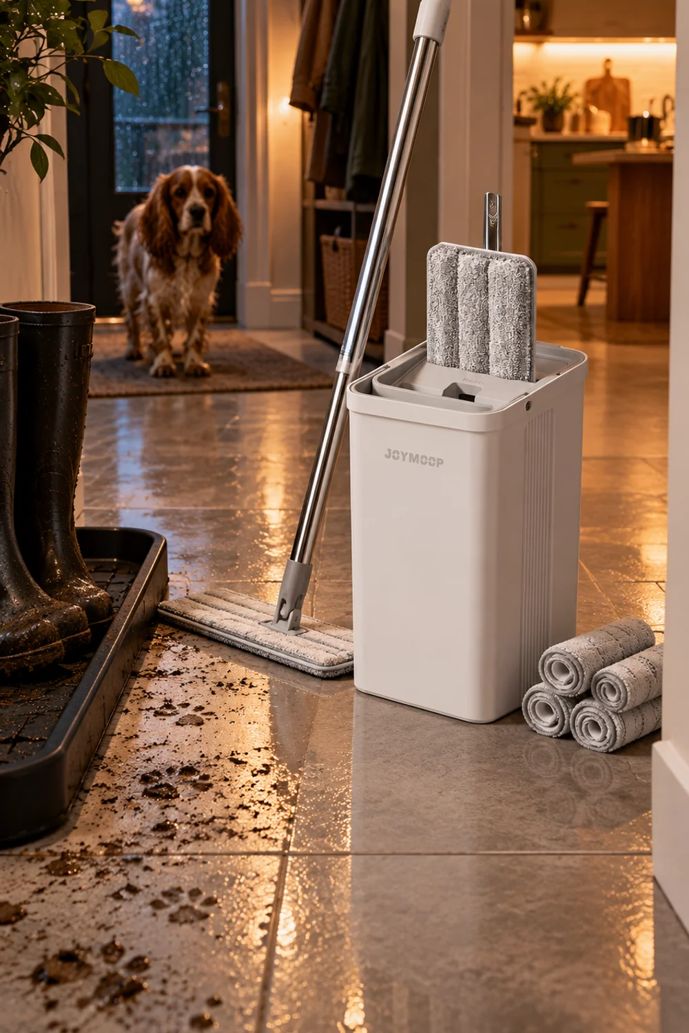 White microfiber flat mop cleaning muddy paw prints from gray tile near a front door on a rainy evening, with rinse bucket beside it